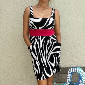 Zebra mini dress with pockets and pink tie - small
